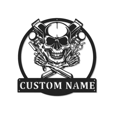 Personalisierter Barbier Schädel Schild | LED Metall Wandkunst | Individuelle Barbier Shop Dekor | Vintage Männerhöhlen Beschilderung