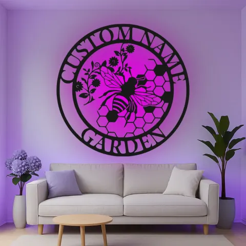Vue alternative de Décoration murale en métal LED personnalisée avec abeille - Cadeau pour jardiniers, décoration de patio extérieur