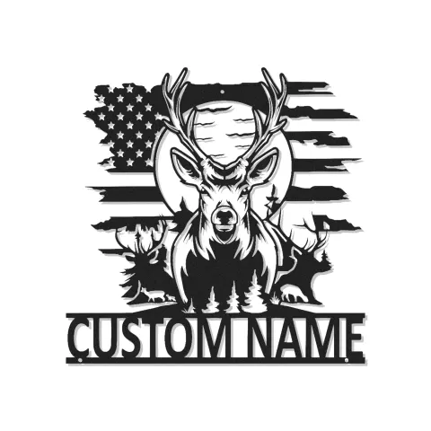 Insegna in metallo LED personalizzata con cervo e bandiera americana - Regalo personalizzato per cacciatori, decorazione rustica per cabin