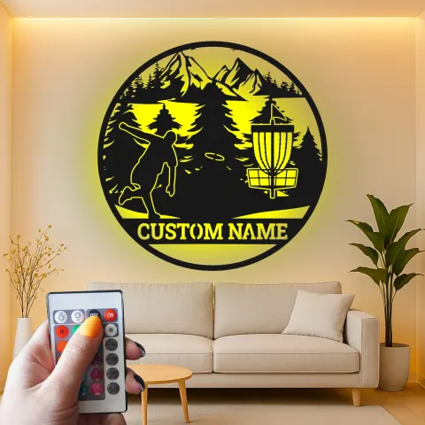 Vista alternativa de Cartel de metal LED personalizado para disc golf, regalo para jugadores de disc golf, decoración de deportes al aire libre