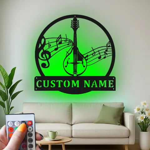 Vista alternativa di Insegna in metallo personalizzata per mandolino | Targa con nome del musicista con LED | Arte da parete per studio musicale | Regalo per musicisti
