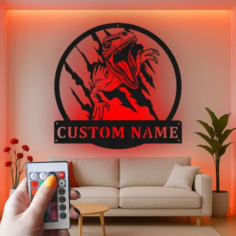 Custom Dinosaur Led Light Metal Wall Art Personalized Gift for Kids Bedroom or Playroom Decor alternate view