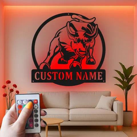 Vue alternative de Décoration murale en métal personnalisée avec éclairage LED de taureau - Cadeau pour éleveur, décoration de ferme rustique pour le salon