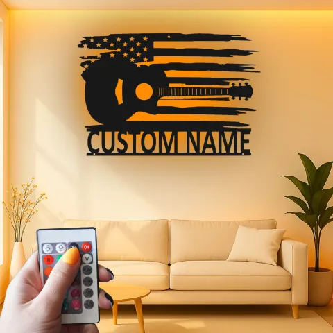 Vue alternative de Plaque en métal Guitare et drapeau américain | Décoration murale LED personnalisée pour musiciens | Déco patriotique pour maison et studio