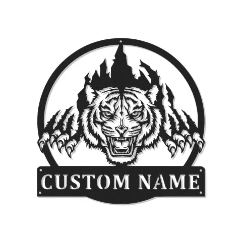 Fierces Tiger LED Metallschild | Personalisierte Namensschild für Männerhöhle oder Kinderzimmer | Realistische Tierdekoration | Geschenk für Safari-Liebhaber