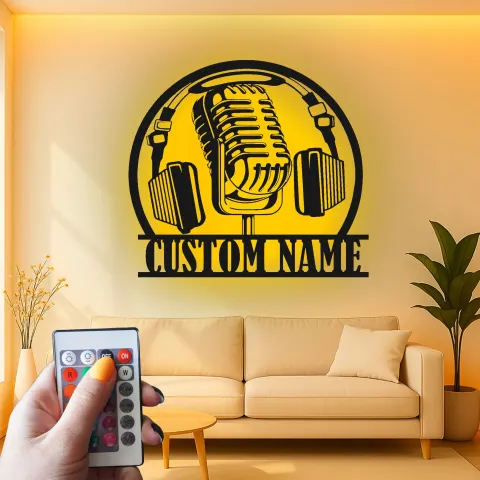 Individuelles Podcast-Studioschild | Vintage Mikrofon Metallkunst mit RGB-LED-Lichtern | Personalisierte Musiker Namensdekoration alternative Ansicht