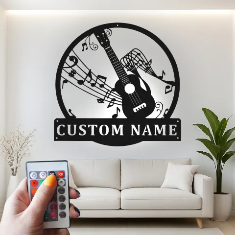 Vista alternativa di Insegna personalizzata a forma di chitarra con LED | Insegna in metallo personalizzata per arredamento studio musicale | Regalo per musicista