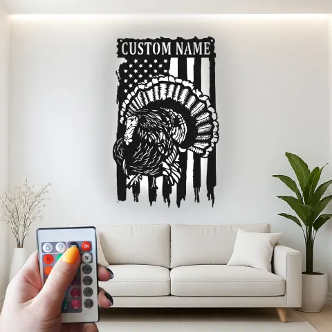 Personalisiertes LED-Metallschild mit Truthahn und amerikanischer Flagge alternative Ansicht