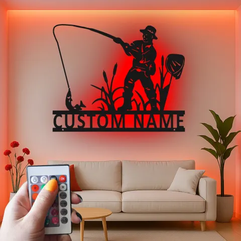 Vista alternativa de Cartel de pesca personalizado con LED | Arte mural de metal con nombre personalizado | Decoración rústica de casa de campo y regalo para pescador