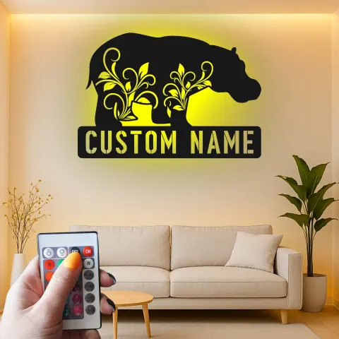 Custom Hippo Led Light Metal Wall Art Personalized Safari Gift for Animal Lovers Nursery or Living Room Decor alternate view