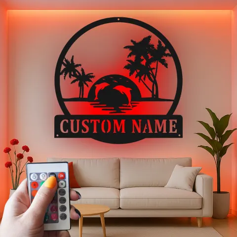 Vista alternativa de Cartel de metal LED personalizado de atardecer tropical con delfines, regalo para amantes de la playa, decoración costera para sala de estar