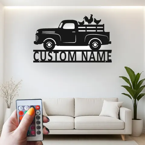 Personalisierter Vintage-Truck mit Hühnern LED-Licht Metall-Wandkunst Bauernhaus Geschenk für Paare Rustikale Küchen-Dekoration alternative Ansicht