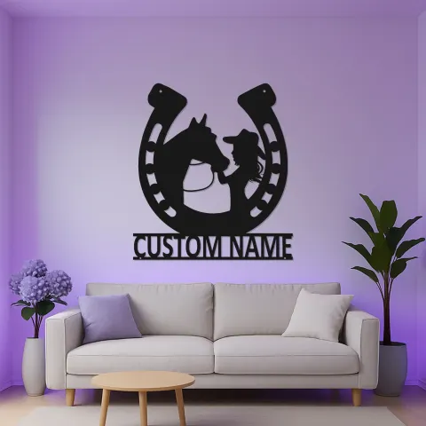 Vue alternative de Panneau LED personnalisé avec cheval et fille | Art mural en métal en fer à cheval personnalisé | Décor équestre pour la chambre du cavalier | Cadeau pour amoureux des chevaux