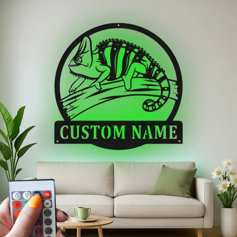 Custom Chameleon Led Light Metal Wall Art Unique Gift for Reptile Enthusiasts Bedroom or Living Room Decor alternate view