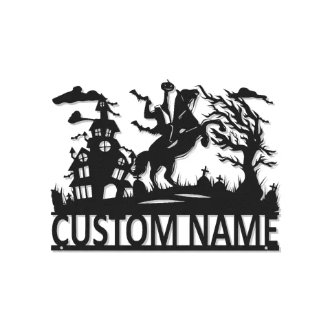 Metallschild Kopflose Reiter mit LED | Individuelle Halloween-Dekoration | Personalisierte gruselige Wandkunst für Zuhause & Veranda