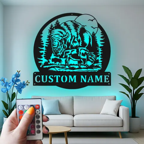 Vista alternativa de Cartel de metal LED con familia de bisonte personalizado, regalo de vida salvaje para amantes de la naturaleza, decoración rústica de cabaña