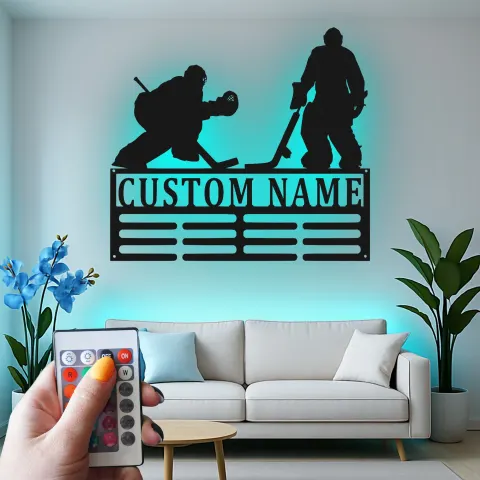 Custom Hockey Player LED Sign | Personalized Metal Wall Art | Boys Room Decor & Athlete Gift | RGB Light alternate view