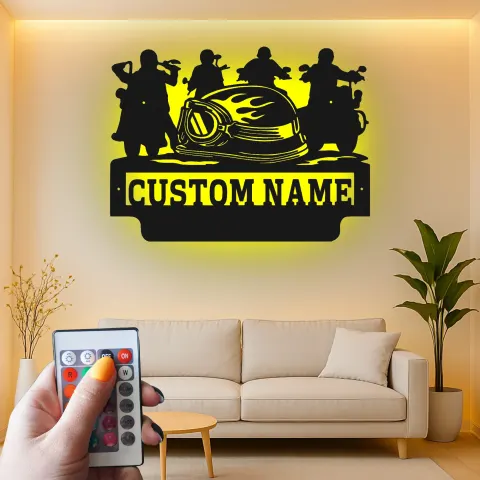 Vista alternativa de Cartel de metal para motocicleta personalizado con LED | Decoración mural con nombre de motero a medida | Decoración para man cave y garaje | Regalo para motoristas