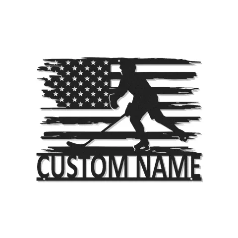 Insegna in Metallo Personalizzata per Giocatore di Hockey | Arte Murale LED con Nome Personalizzato e Bandiera USA | Decorazione per Sala Giochi per Fan Sportivi