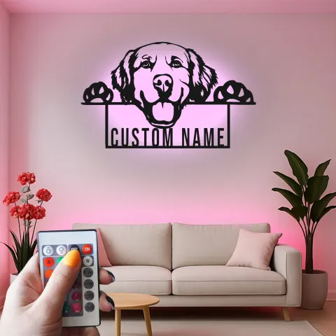 Vista alternativa de Cartel de metal LED personalizado de Golden Retriever, regalo para amantes de los perros, decoración para el salón