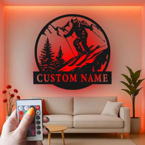 Custom Skiing Led Light Metal Wall Art Personalized Gift for Skiers Mountain Lodge Decor alternate view