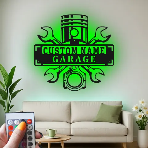 Vue alternative de Enseigne LED personnalisée pour garage | Décoration murale en métal personnalisée | Déco d’atelier mécanique et cadeau pour papa