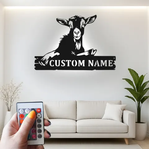 Vista alternativa di Insegna personalizzata con capra e LED | Arte murale farmhouse in metallo su misura | Decorazione rustica da fienile per amanti delle capre