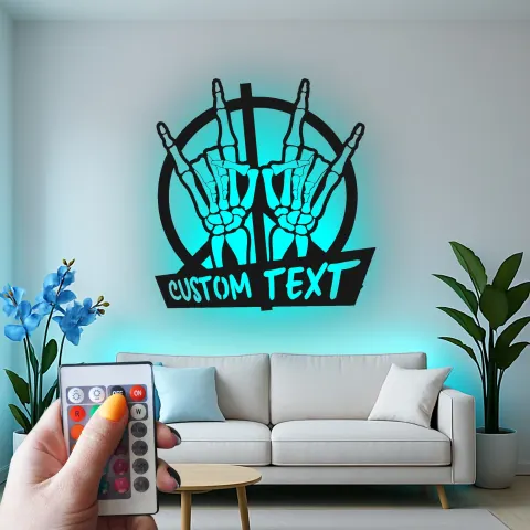 Rock On Skelett Hände Schild | Personalisierte LED Metall-Wandkunst | Individuelle Namensplakette für Musikliebhaber & gotische Dekoration alternative Ansicht