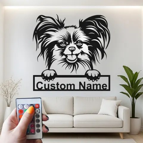 Vista alternativa di Arte Murale in Metallo LED con Cane Papillon | Insegna Personalizzata per Nome di Animale Domestico | Regalo per Mamma di Cane | Decorazione Moderna per Soggiorno