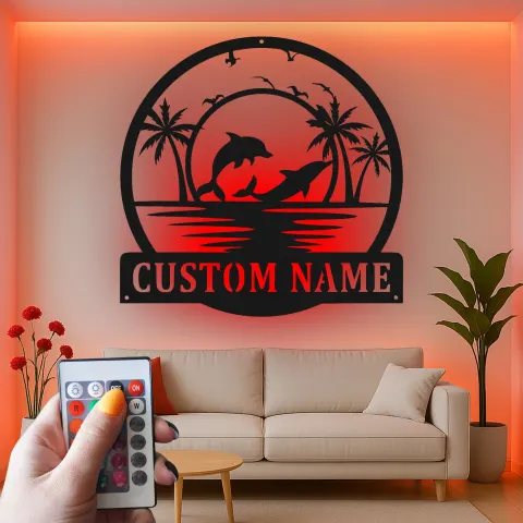 Custom Dolphin Beach Scene Led Light Metal Wall Art Personalized Ocean Lover Gift Coastal Living Room Decor alternate view