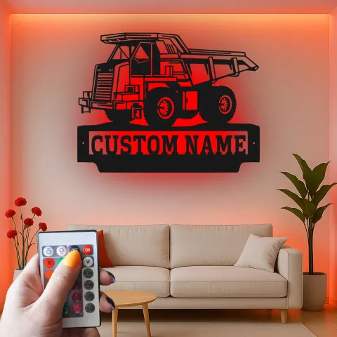 Vue alternative de Décoration murale en métal personnalisée avec rétroéclairage LED de camion benne - Cadeau construction pour lui - Décor garage ou man cave