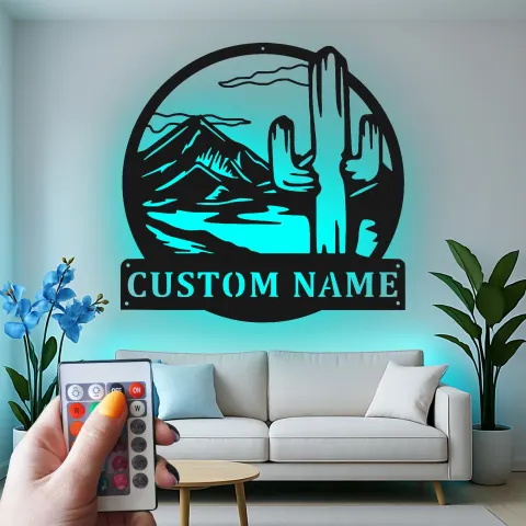 Custom Desert Cactus Led Light Metal Wall Art Personalized Southwest Gift Living Room or Patio Decor alternate view