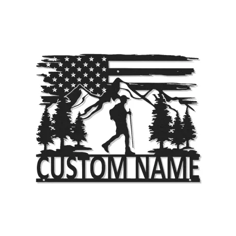 Décoration murale en métal randonnée personnalisée | Enseigne LED randonneur avec drapeau USA | Cadeau pour passionnés de plein air
