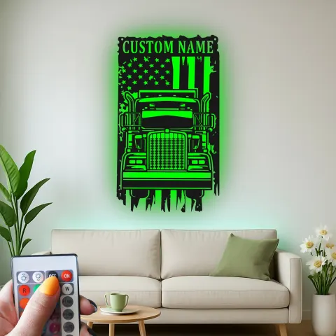 Vue alternative de Décoration murale en métal LED personnalisée avec drapeau américain - Cadeau pour camionneurs, décoration de garage ou de coin masculin