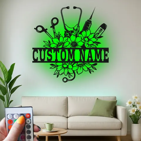 Personalisierte Krankenschwester-Schild mit LED-Licht | Metall-Wandkunst | Florales Stethoskop-Dekor für Klinik & Büro | Geschenk für Pflegekräfte alternative Ansicht