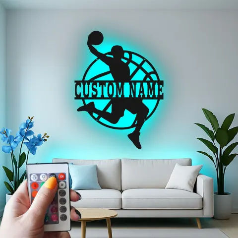 Vue alternative de Décoration murale en métal personnalisée avec rétroéclairage LED pour joueur de basketball - Cadeau personnalisé pour les fans de sport