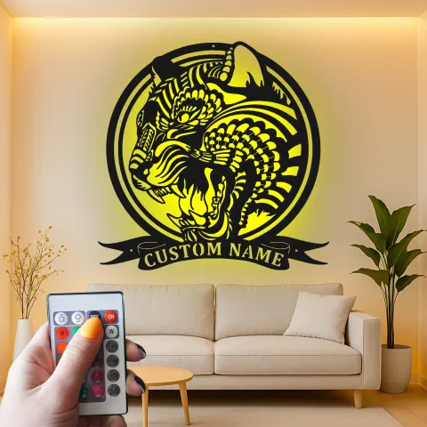 Vista alternativa de Arte mural LED de tigre rugiente | Cartel personalizado para cueva de hombre | Decoración de nombre personalizada para sala de juegos | Silueta de animal feroz iluminada
