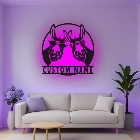 Vue alternative de Décoration murale en métal personnalisée Duo d'ânes avec rétroéclairage LED Cadeau de ferme Décor rustique pour salon