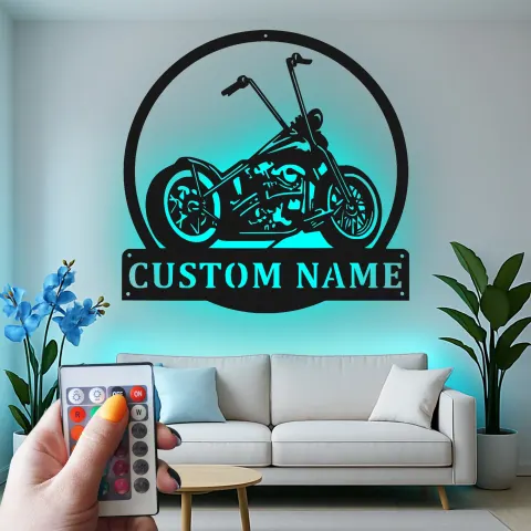 Vue alternative de Décoration murale en métal LED personnalisée pour moto - Cadeau pour motards, décoration de garage ou de man cave