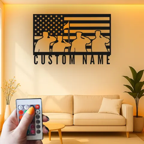 Patriotic American Flag Metal Sign | Custom Veteran Name Wall Art | LED Backlit Military Silhouette Decor alternate view