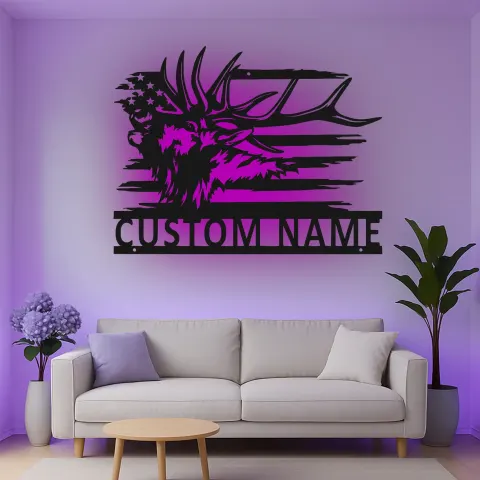 Personalisierte Elch-LED-Metall-Wandkunst mit amerikanischer Flagge – Geschenk für Jäger, rustikale Hüttendeko alternative Ansicht