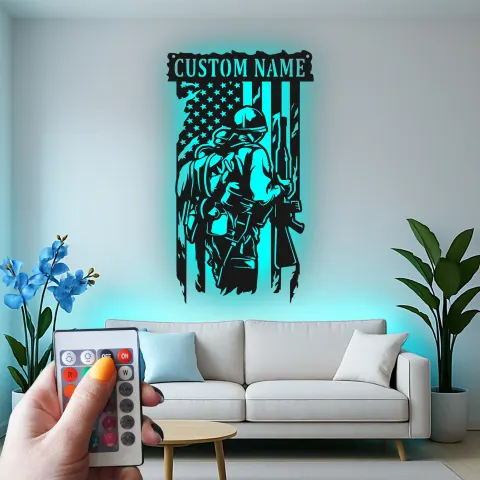 Personalized Soldier Metal Sign | Patriotic LED Wall Art | Custom Veteran Name Plaque | US Military Man Cave Decor alternate view