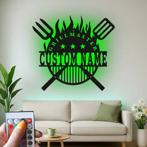 Personalized BBQ Metal Sign with LED | Custom Grillmaster Wall Art | Outdoor Patio Decor & Grilling Gift for Dad alternate view