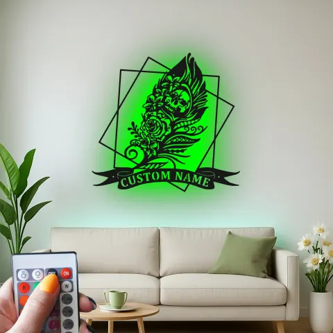 Vista alternativa di Decorazione da parete LED in metallo con teschio gotico | Arredo personalizzato stile tattoo | Insegna con nome su misura per camera o studio