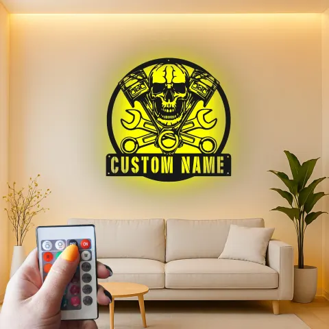Vista alternativa di Insegna LED con Teschio per Meccanico | Arte Murale in Metallo Personalizzata per Garage | Decorazione per Biker e Man Cave con Luci RGB