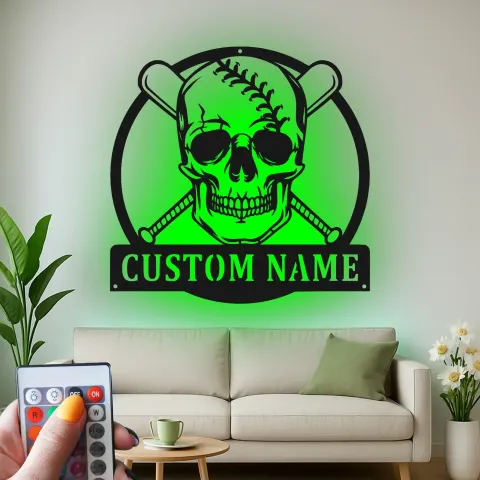 Personalisiertes Baseball-Skelett LED-beleuchtetes Metallschild – Einzigartiges Geschenk für Baseballfans, Dekoration für das Spielzimmer alternative Ansicht