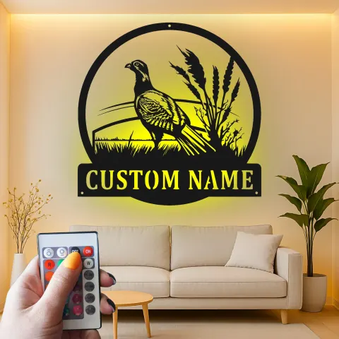 Vue alternative de Décoration murale en métal Faisan | Enseigne faunique personnalisée avec LED | Cadeau sur mesure pour chasseur pour décoration de cabane