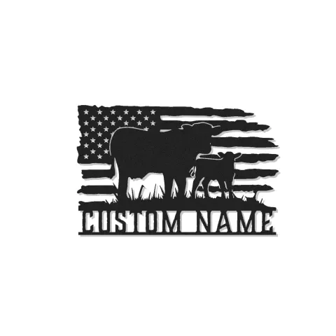 Personalisierte Kuh-und-Kalb LED-beleuchtete Metall-Wandkunst mit amerikanischer Flagge – Landhausgeschenk für Landwirte, rustikale Wohndeko