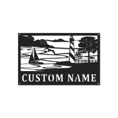 Insegna in metallo personalizzata con faro e veliero e luce LED regalo nautico per amanti della spiaggia decorazione per casa costiera