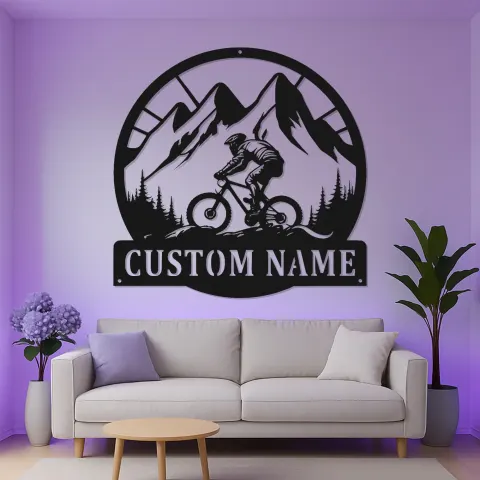 Personalized Mountain Bike Metal Art | Custom Cyclist Name Sign with LED | MTB Rider Wall Decor | Gift for Biking Enthusiast alternate view